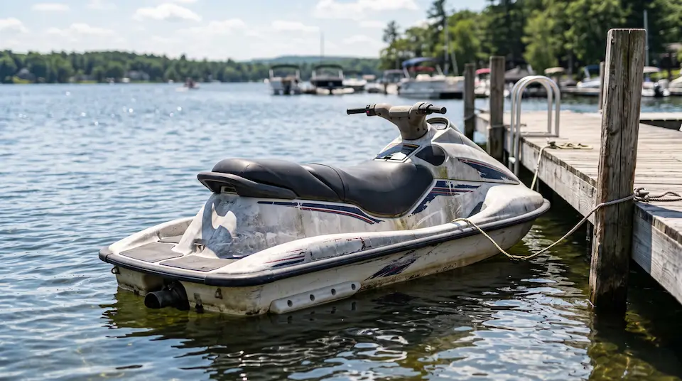 Older jet ski with sun-bleached, peeling plastics tied up at a marina dock