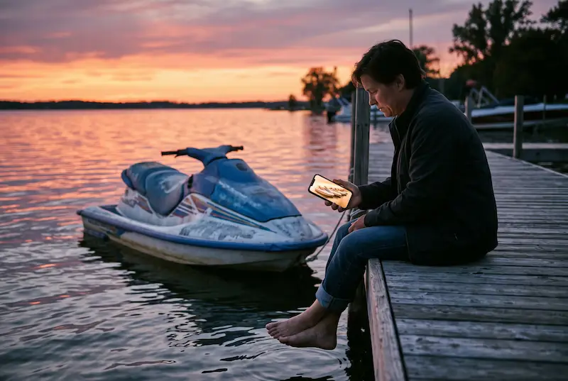 Rider on a dock at dusk scrolling new watercraft on a phone, with a faded older jet ski tied up behind