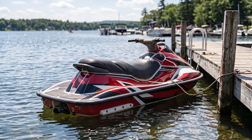 After: the same jet ski with a bold red, black and white graphic kit, looking new at the dock
